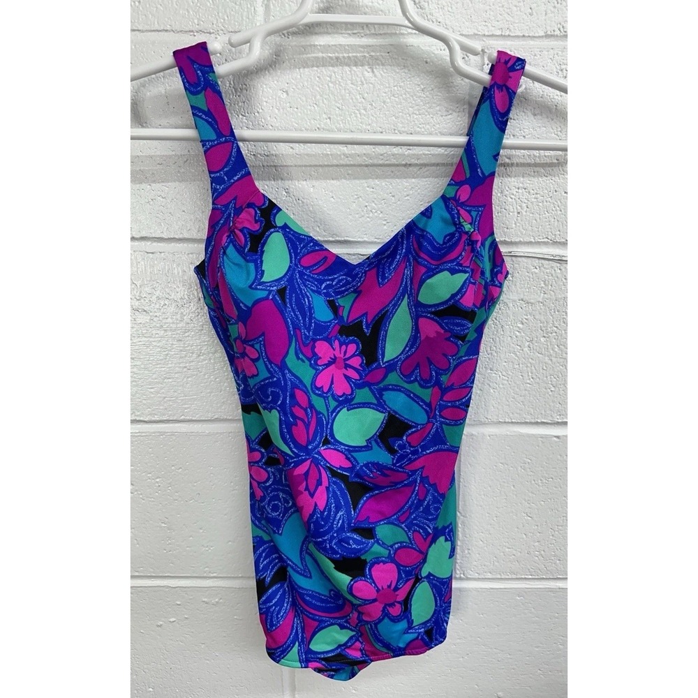 VTG Maxine of Hollywood Swimsuit Size 12 Ruched Tummy Control Blue One Piece USA